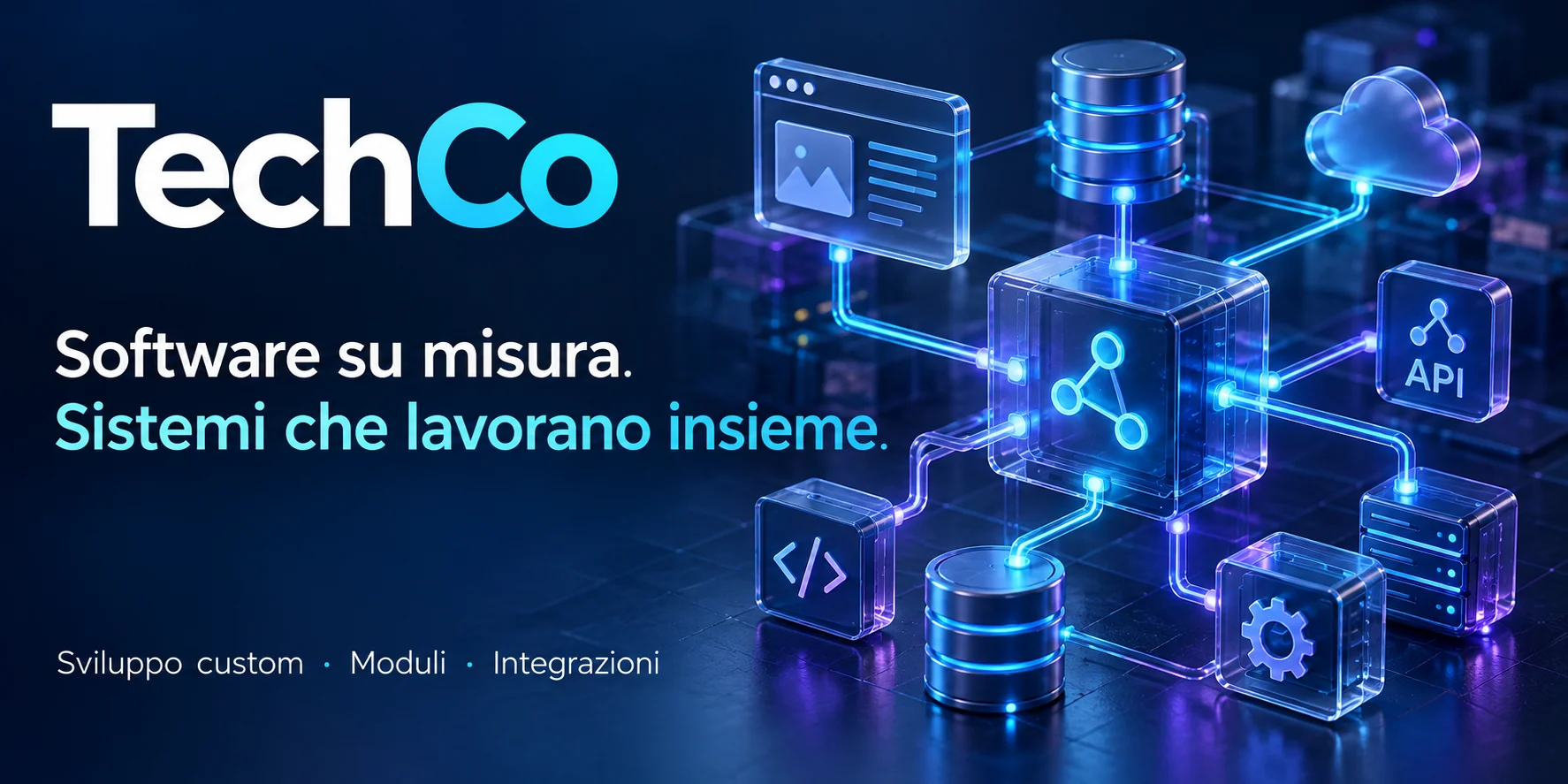 TechCo. Software su misura. Sistemi che lavorano insieme. Sviluppo custom, moduli e integrazioni.