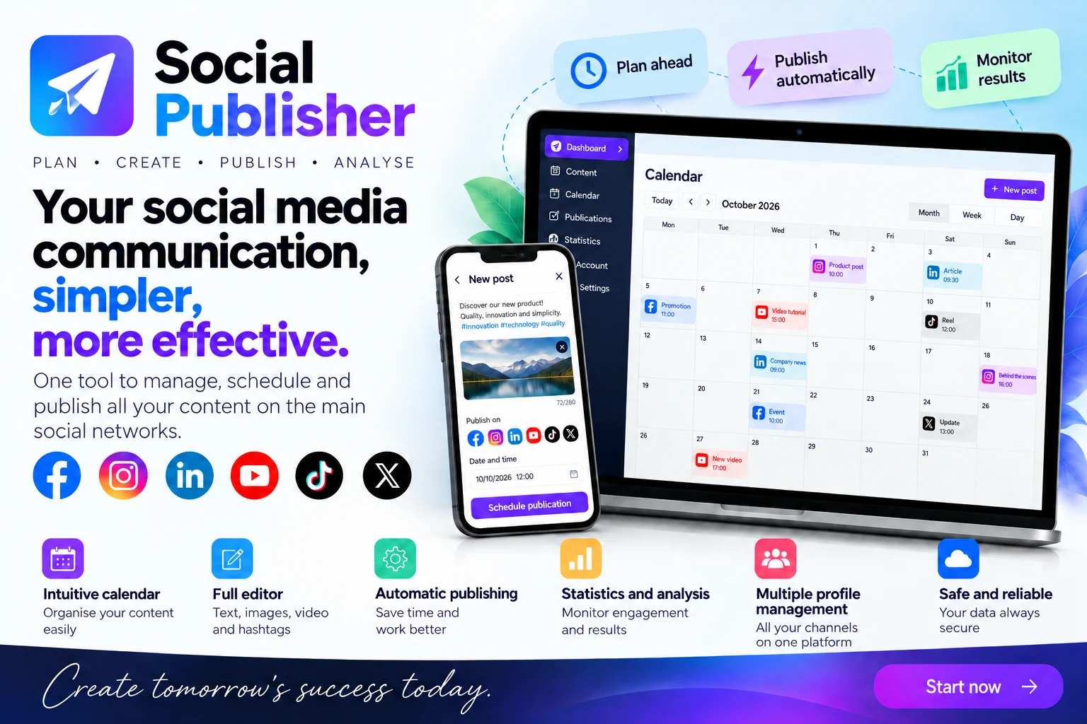 Social Publisher. Plan, create, publish and analyse your social media communication.