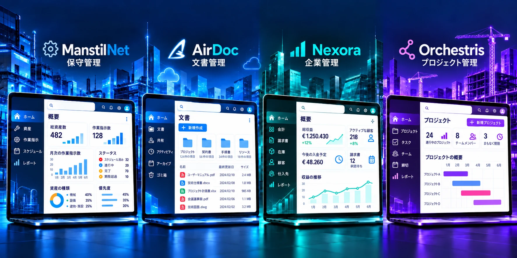 BACS Technologiesスイート: メンテナンスのための ManstilNet、ドキュメントのAirDoc、ビジネス管理のための Nexora、プロジェクトのための Orchestris。