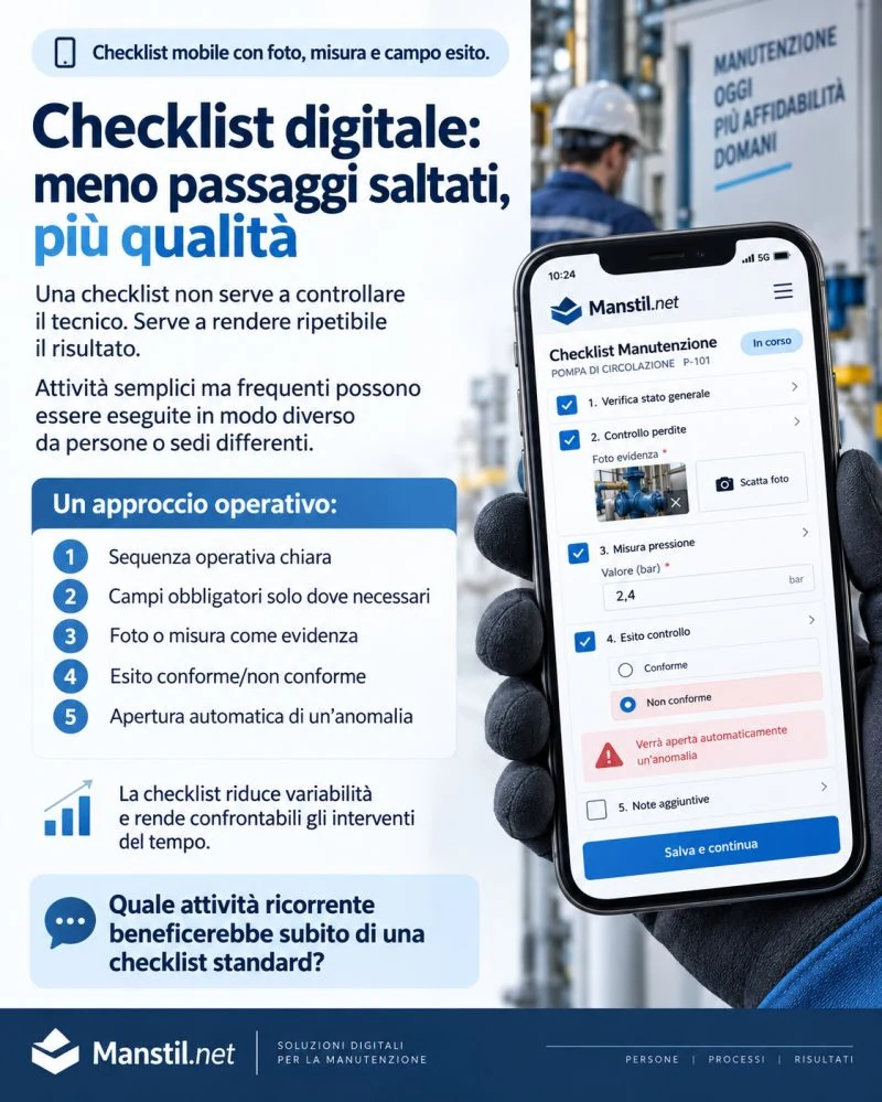 Checklist mobile con foto, misura e campo esito.