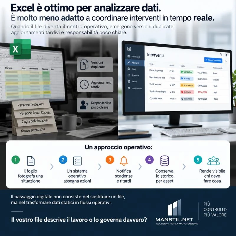 Confronto a due colonne: foglio statico vs flusso operativo.
