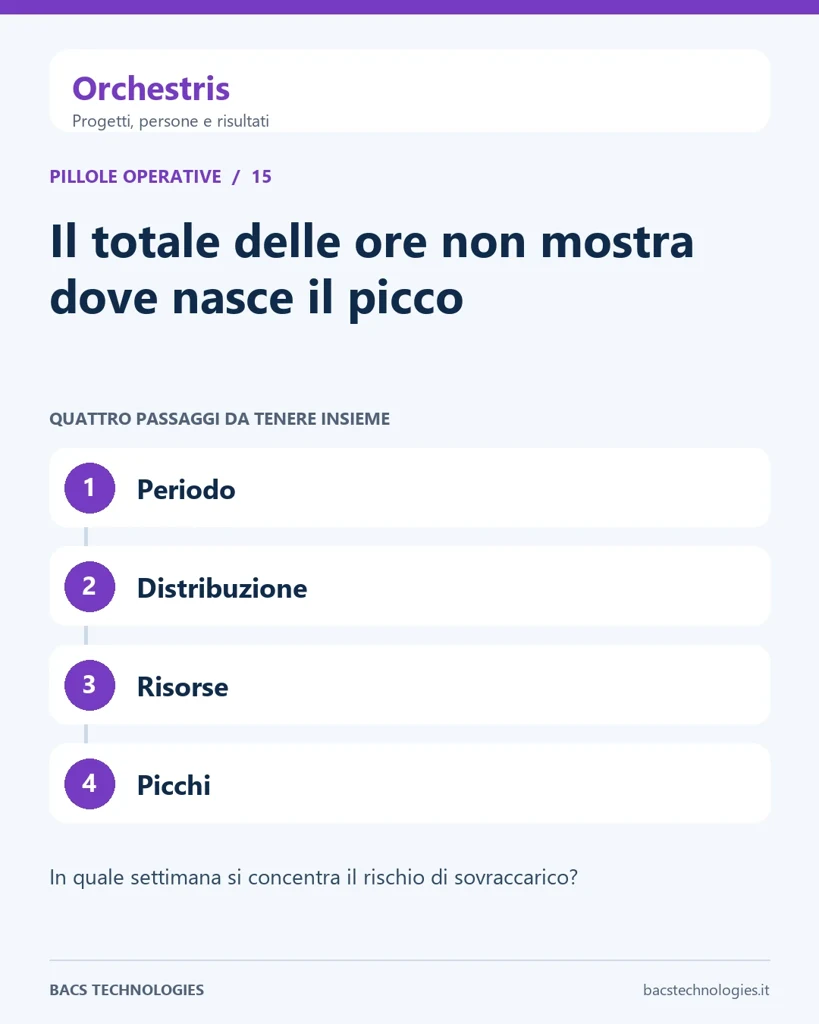 Orchestris: Il totale delle ore non mostra dove nasce il picco. Percorso: Periodo, Distribuzione, Risorse, Picchi.