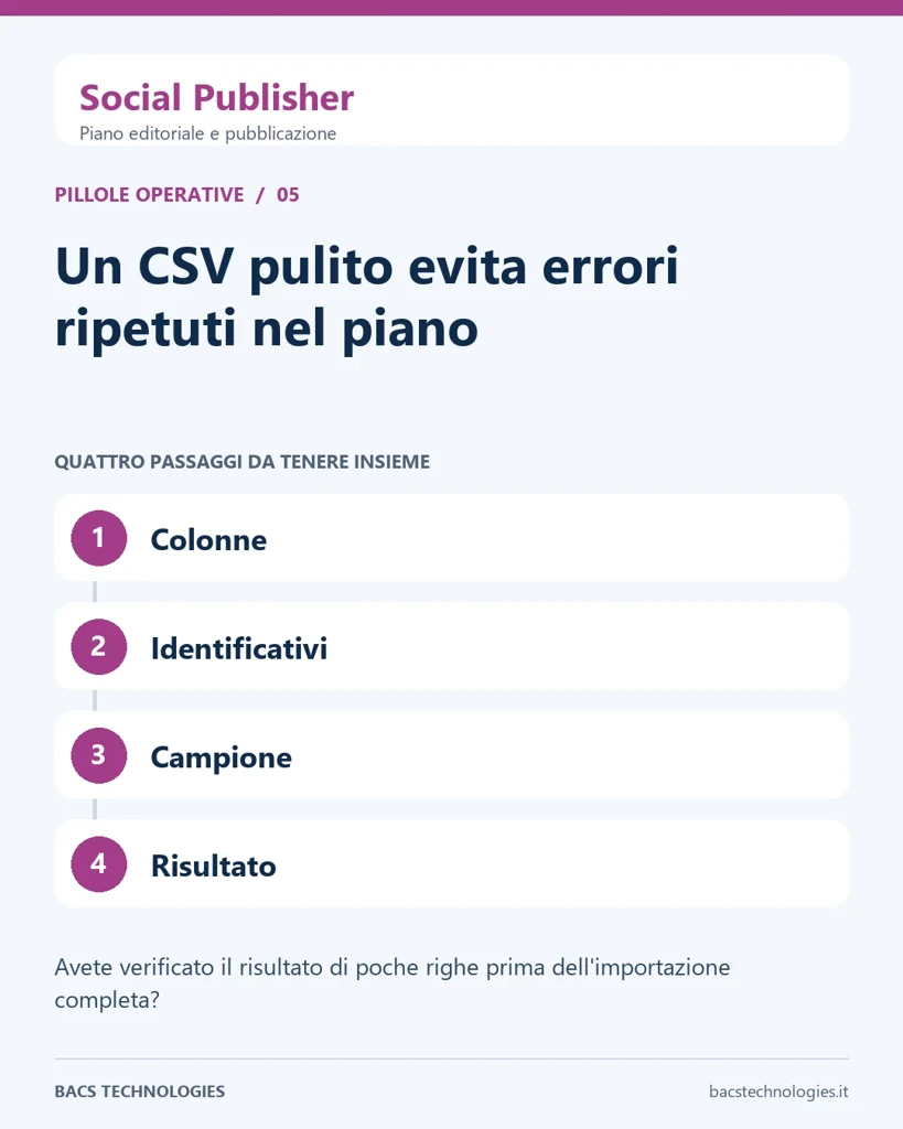 Social Publisher: Un CSV pulito evita errori ripetuti nel piano. Percorso: Colonne, Identificativi, Campione, Risultato.